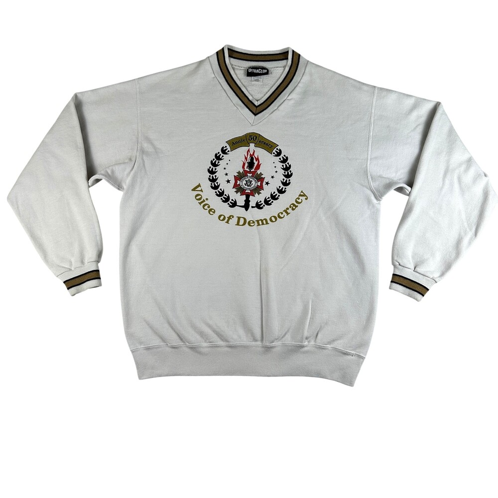 Vintage UltraClub Sweatshirt Mens Large White Voice Of Democracy VFW V Neck 90s